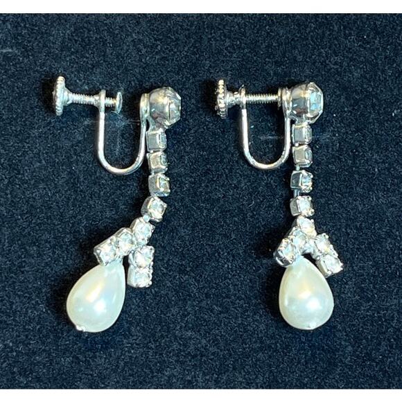 Vintage Rhinestone Bow Drop Earrings Screw Back Faux Pearl Dangle Mid Century - Picture 3 of 4